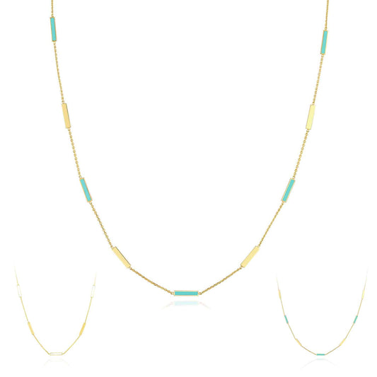 14K Yellow Gold Alternating Turquoise Enamel Bar Station Cable Necklace (Hollow) 18"