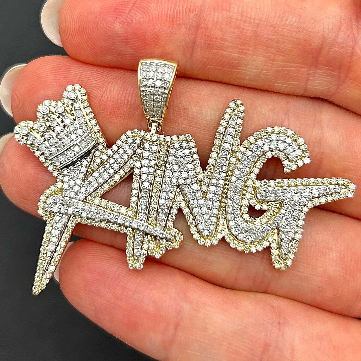 2.60CTW Real Diamond 10K Yellow Gold Crown KING Pendant 1.9"