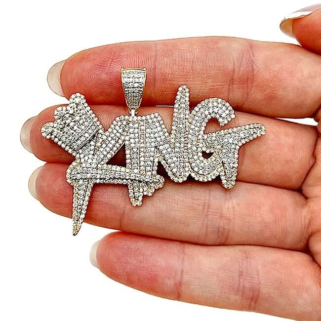 2.60CTW Real Diamond 10K Yellow Gold Crown KING Pendant 1.9"