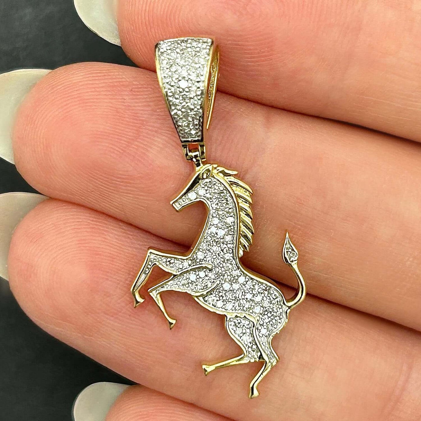 0.32CTW Real Diamond 10K Real Gold Pave Charm Rearing Horse Pendant 1.5"