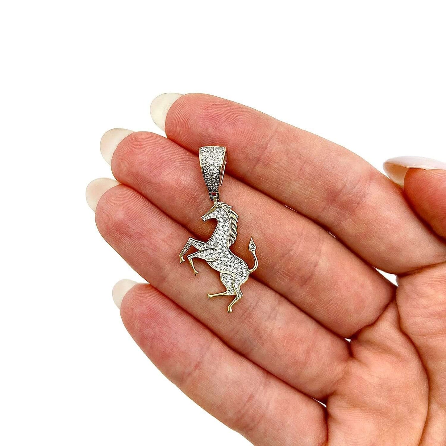 0.32CTW Real Diamond 10K Real Gold Pave Charm Rearing Horse Pendant 1.5"