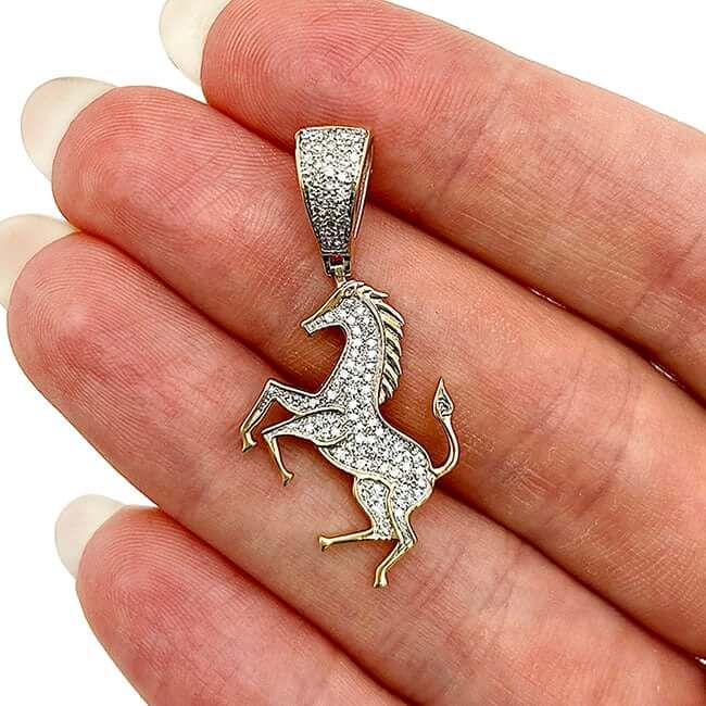 0.32CTW Real Diamond 10K Real Gold Pave Charm Rearing Horse Pendant 1.5"
