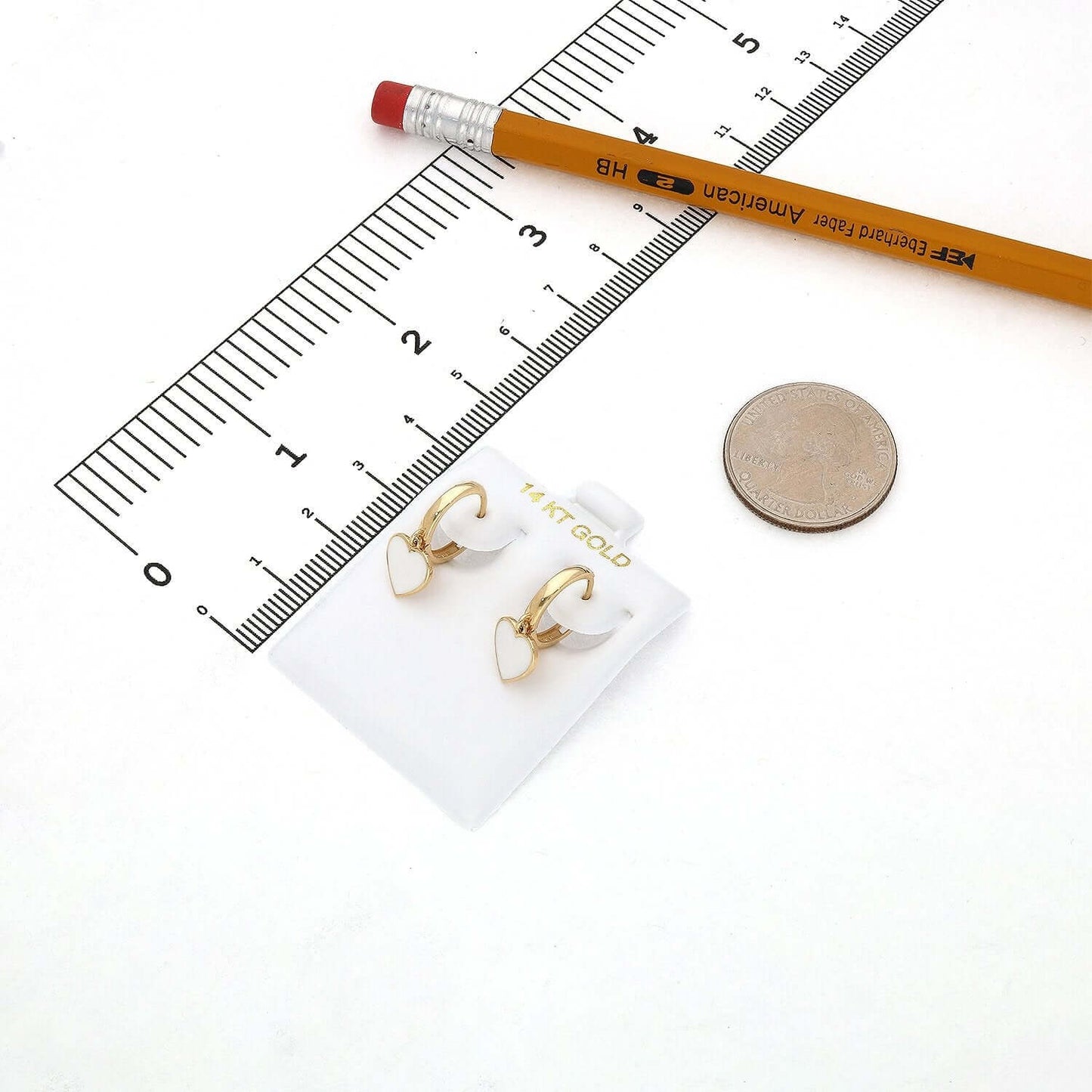 14K Gold White Enamel Heart Huggie Hoop Earrings 22mm