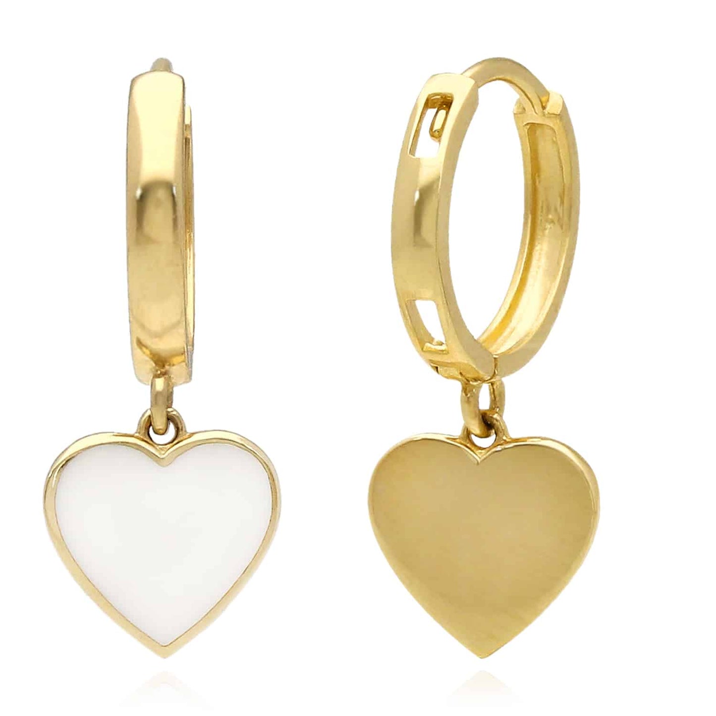 14K Gold White Enamel Heart Huggie Hoop Earrings 22mm