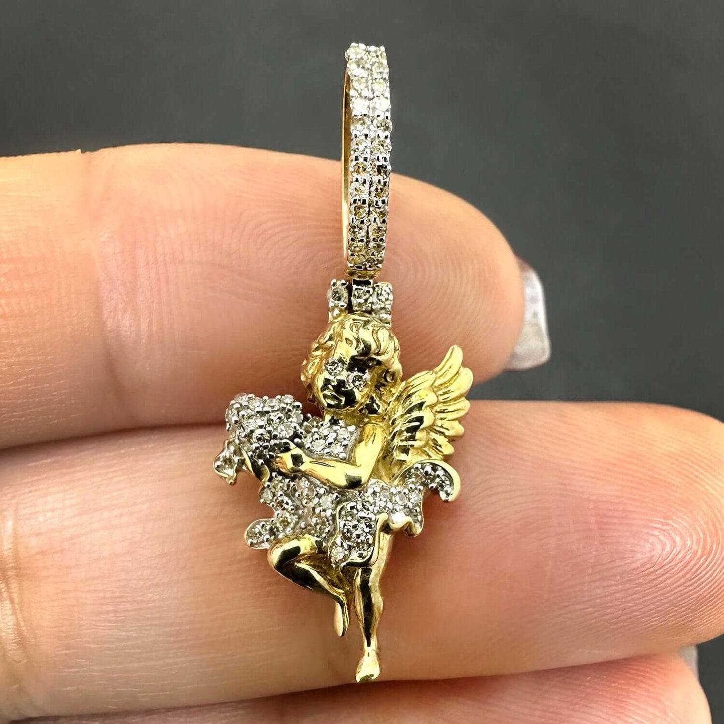 0.43CTW Natural Diamond 10K Yellow Gold Angel Pendant 0.8"