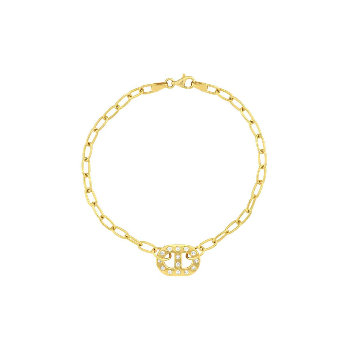 0.21CTW Real Diamond 14K Gold Yellow Charm Oval Link Charm Bracelet 7.5"