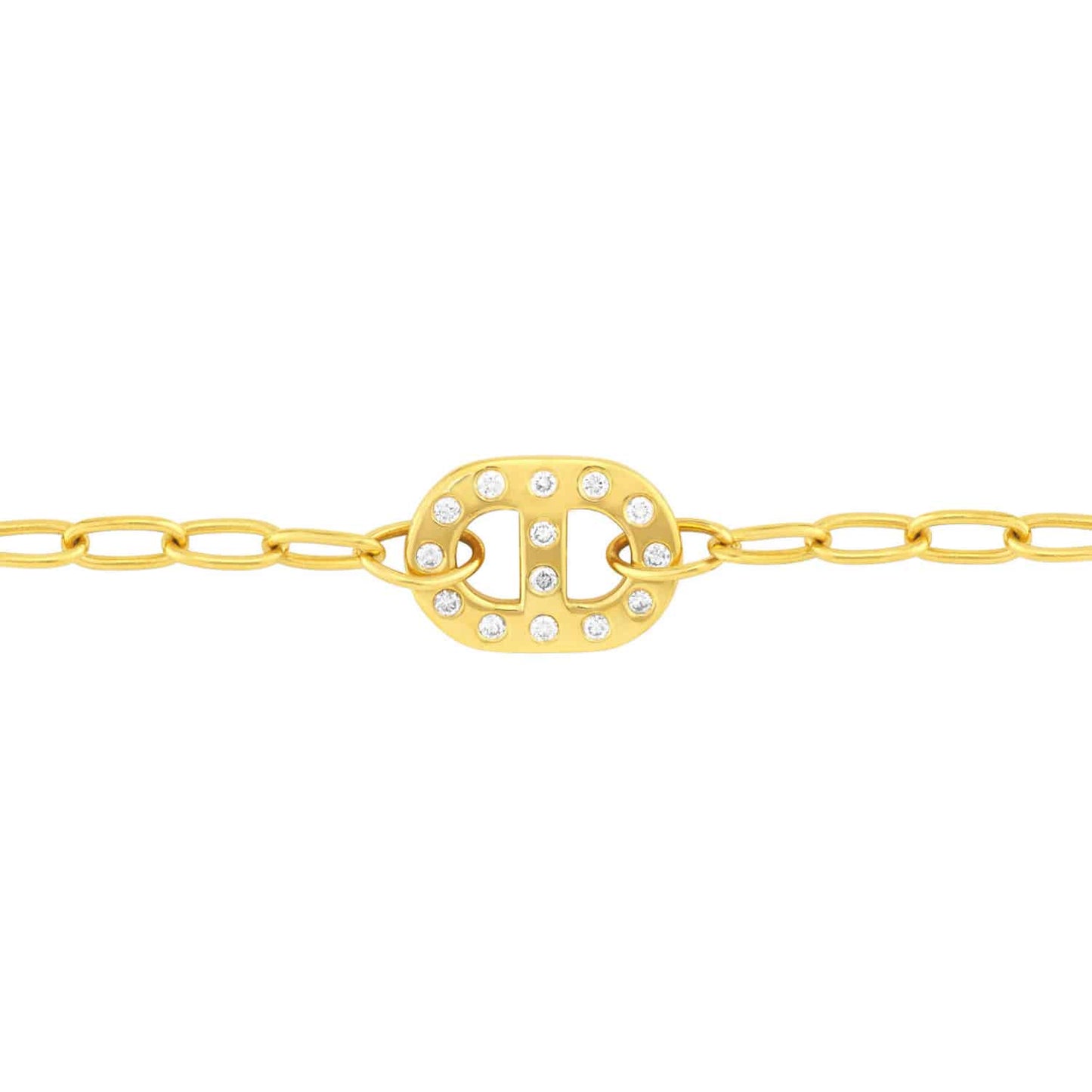 0.21CTW Real Diamond 14K Gold Yellow Charm Oval Link Charm Bracelet 7.5"