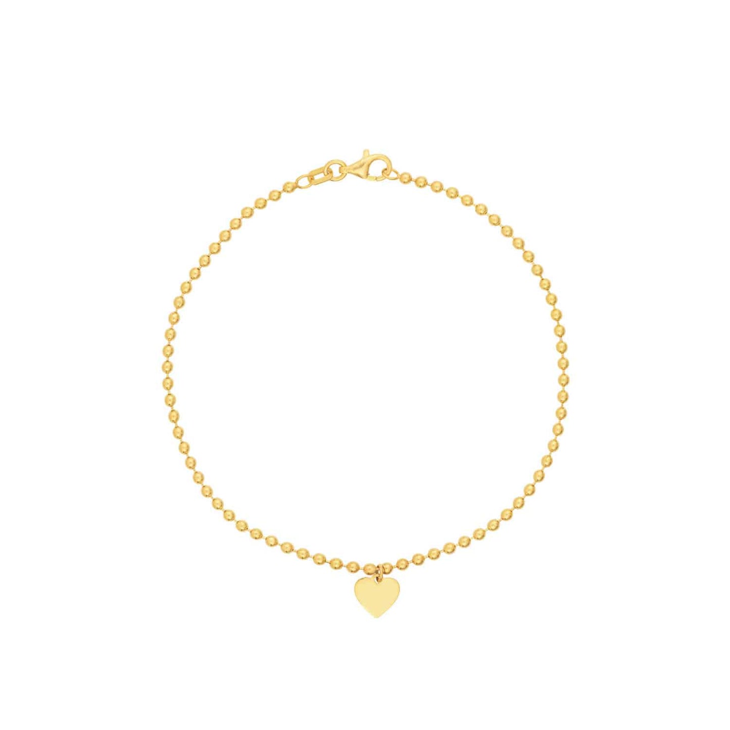 Engravable 14K Gold Yellow Personalized Ball Beaded Dangle Heart Bracelet 7.5"