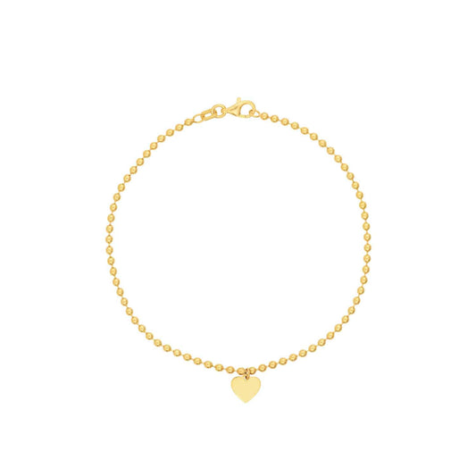 Engravable 14K Yellow Gold Personalized Ball Beaded Dangle Heart Bracelet (Hollow) 7.5"