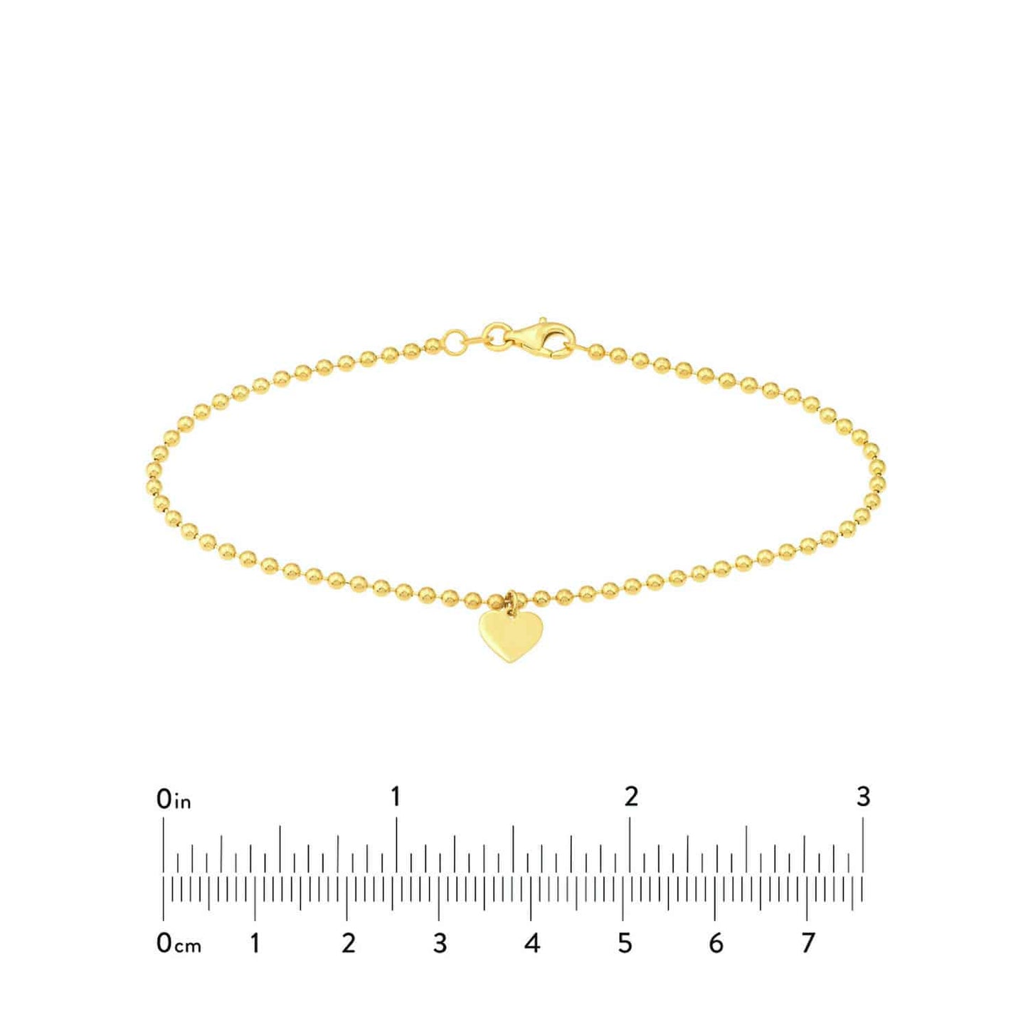 Engravable 14K Gold Yellow Personalized Ball Beaded Dangle Heart Bracelet 7.5"