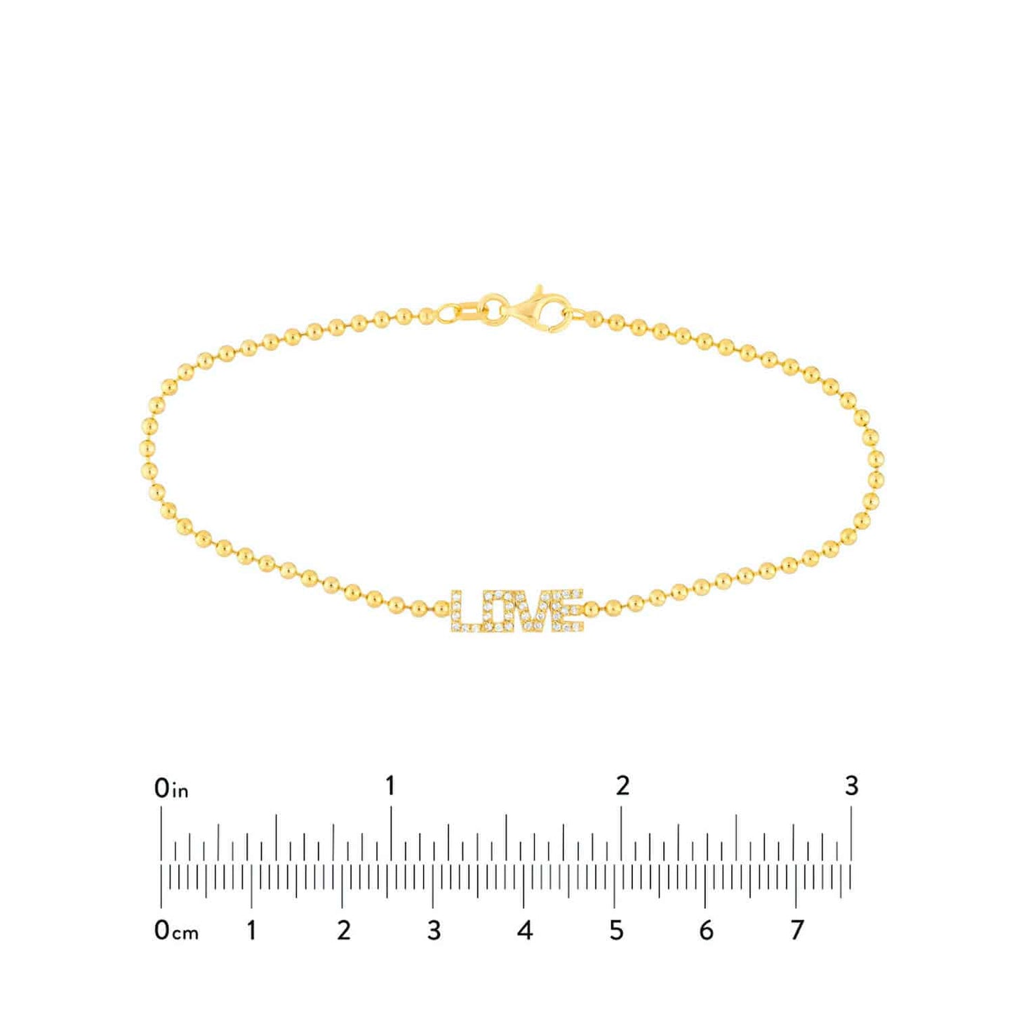 0.15CTW Real Diamond 14K Gold Ball Beaded LOVE Station Bracelet 7.5"