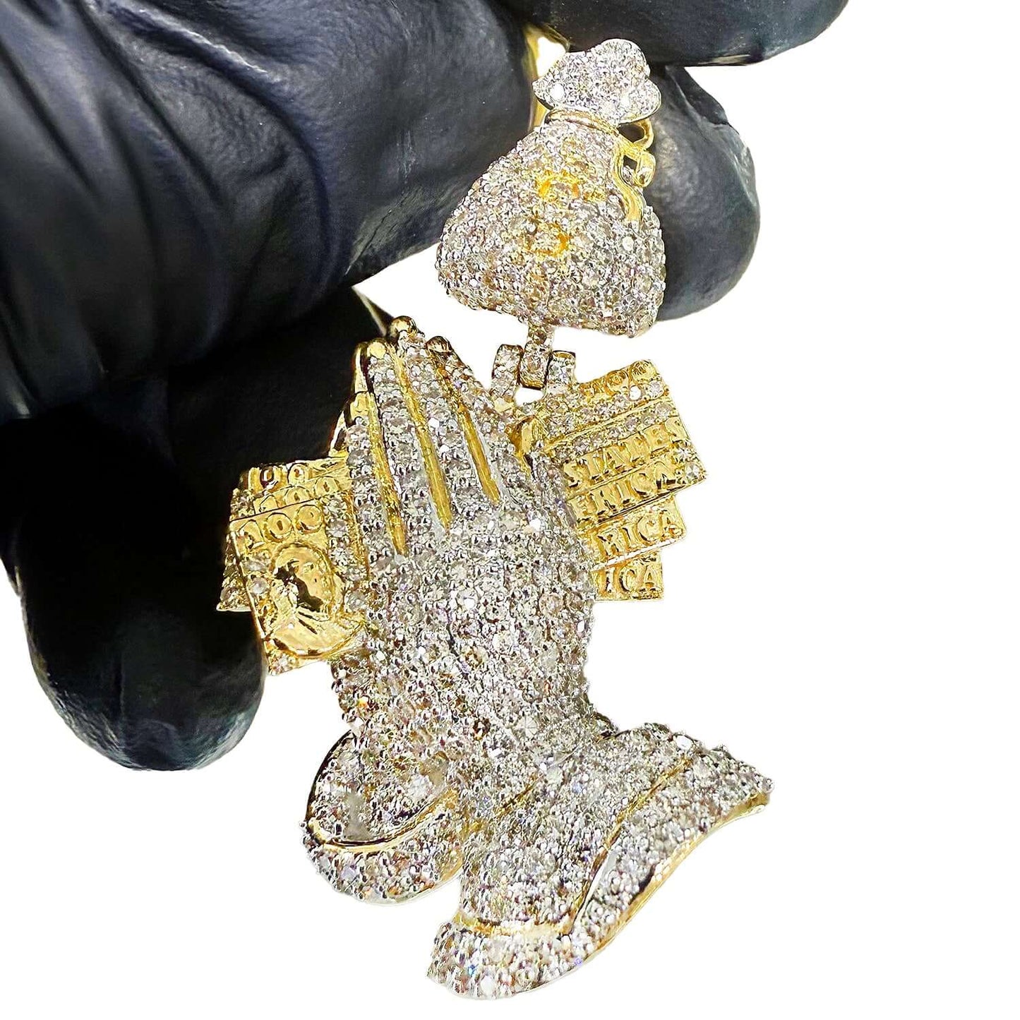 2.00CTW Real Diamond 10K Yellow Gold Praying Hands Dollars Money Sack Pendant