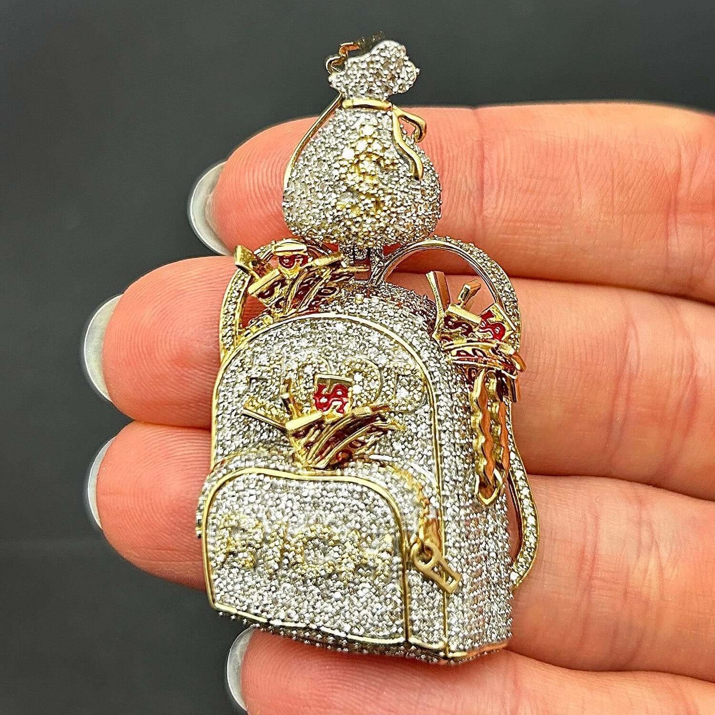 2.90CTW Natural Diamond 10K Yellow Gold Hood Rich Sack Backpack Pendant 2.6"
