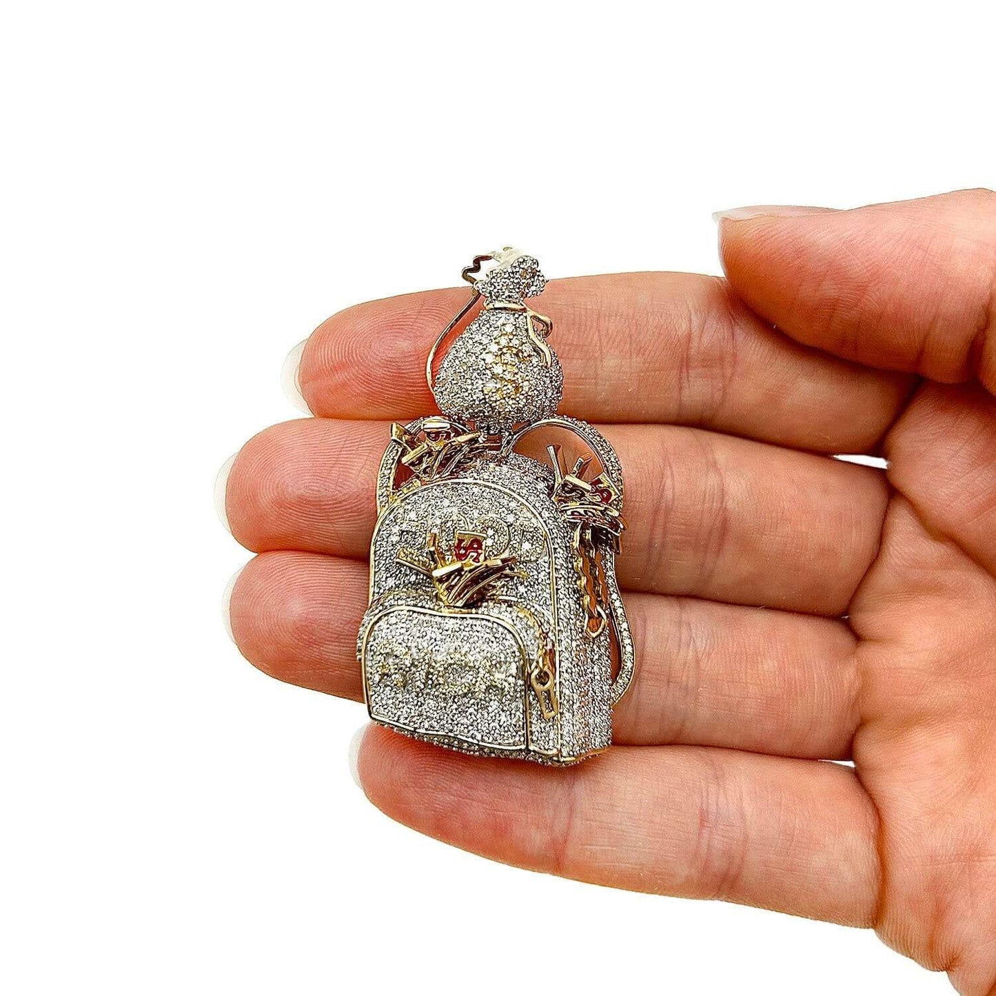 2.90CTW Natural Diamond 10K Yellow Gold Hood Rich Sack Backpack Pendant 2.6"