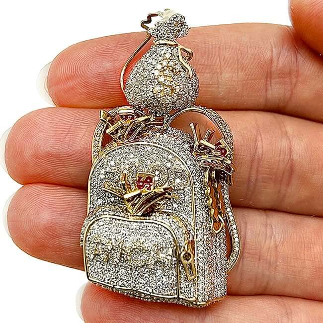 2.90CTW Natural Diamond 10K Yellow Gold Hood Rich Sack Backpack Pendant 2.6"