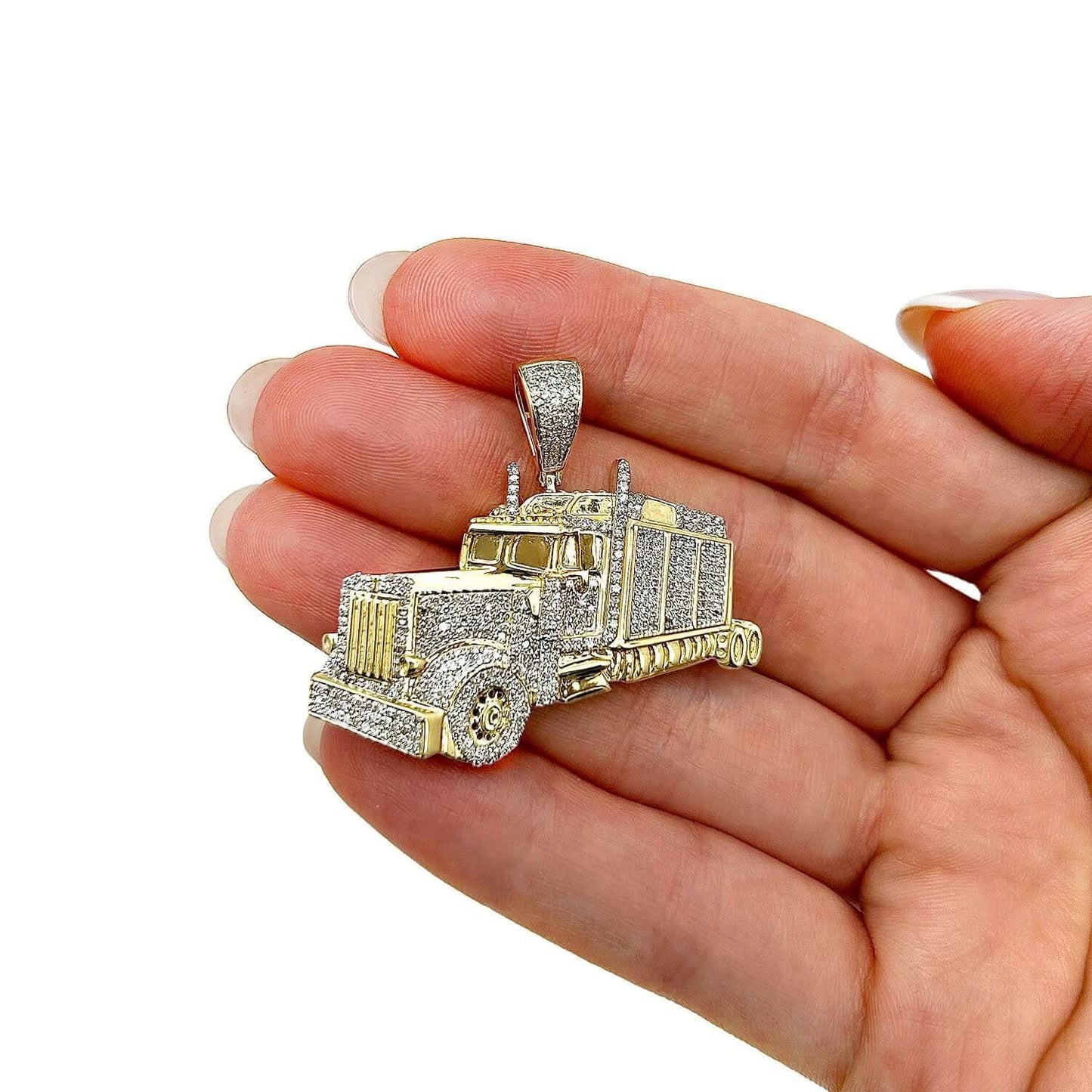 1CTW Natural Diamond 10K Yellow Gold 3D Semi Trailer Truck Pendant 1.5"