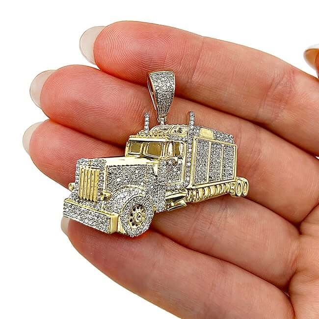 1CTW Natural Diamond 10K Yellow Gold 3D Semi Trailer Truck Pendant 1.5"