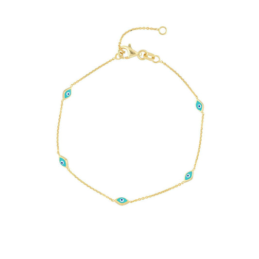 14K Yellow Gold Turquoise Evil Eye Station Bracelet (Solid Links) 6.25"-7.25" Adjustable