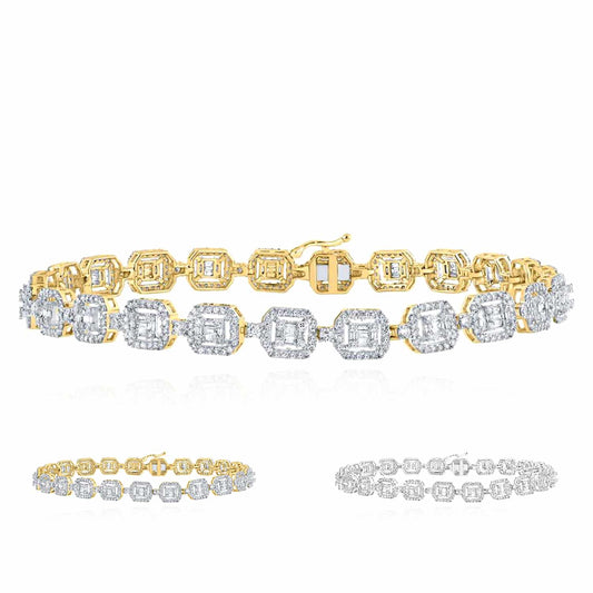 3CTW Natural Diamond 10K Yellow White Gold Baguette Geometric Bracelet (Solid Links) 8.5"