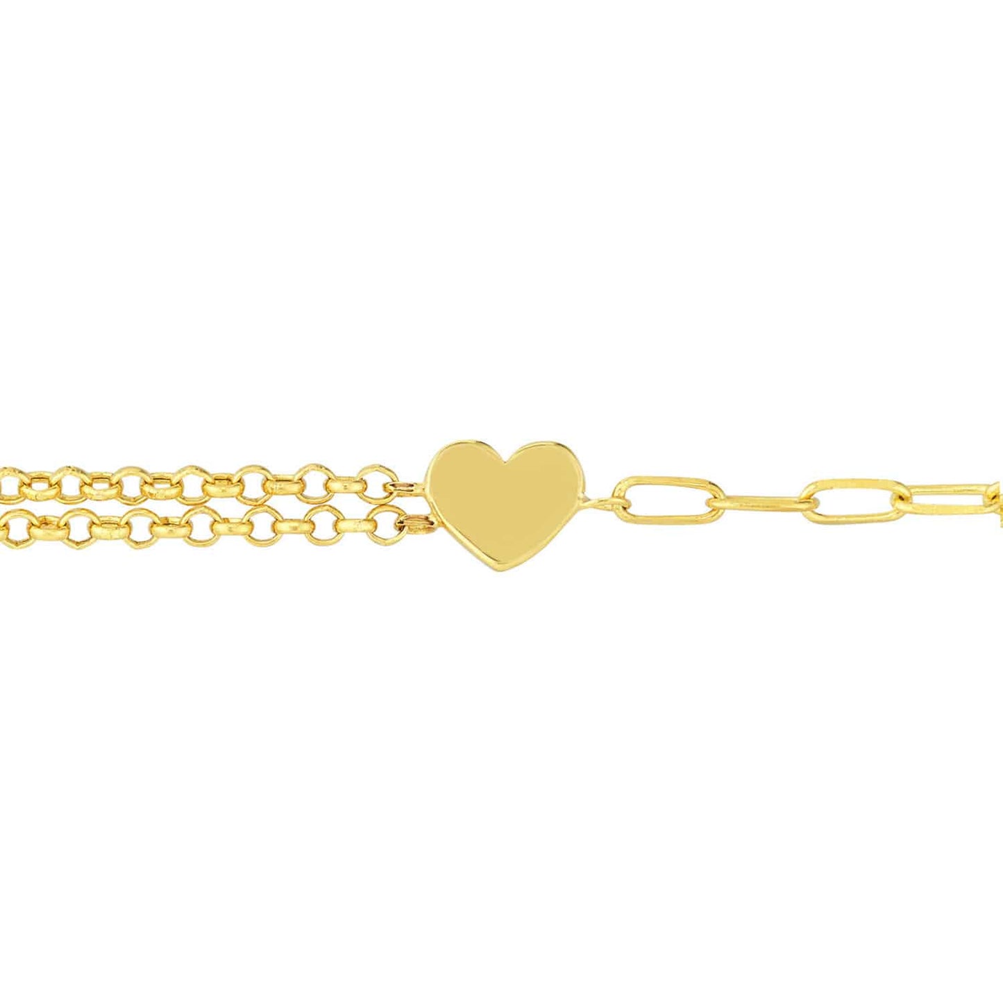 14K Gold Yellow Paperclip Double Rolo Heart Bracelet 7.5"