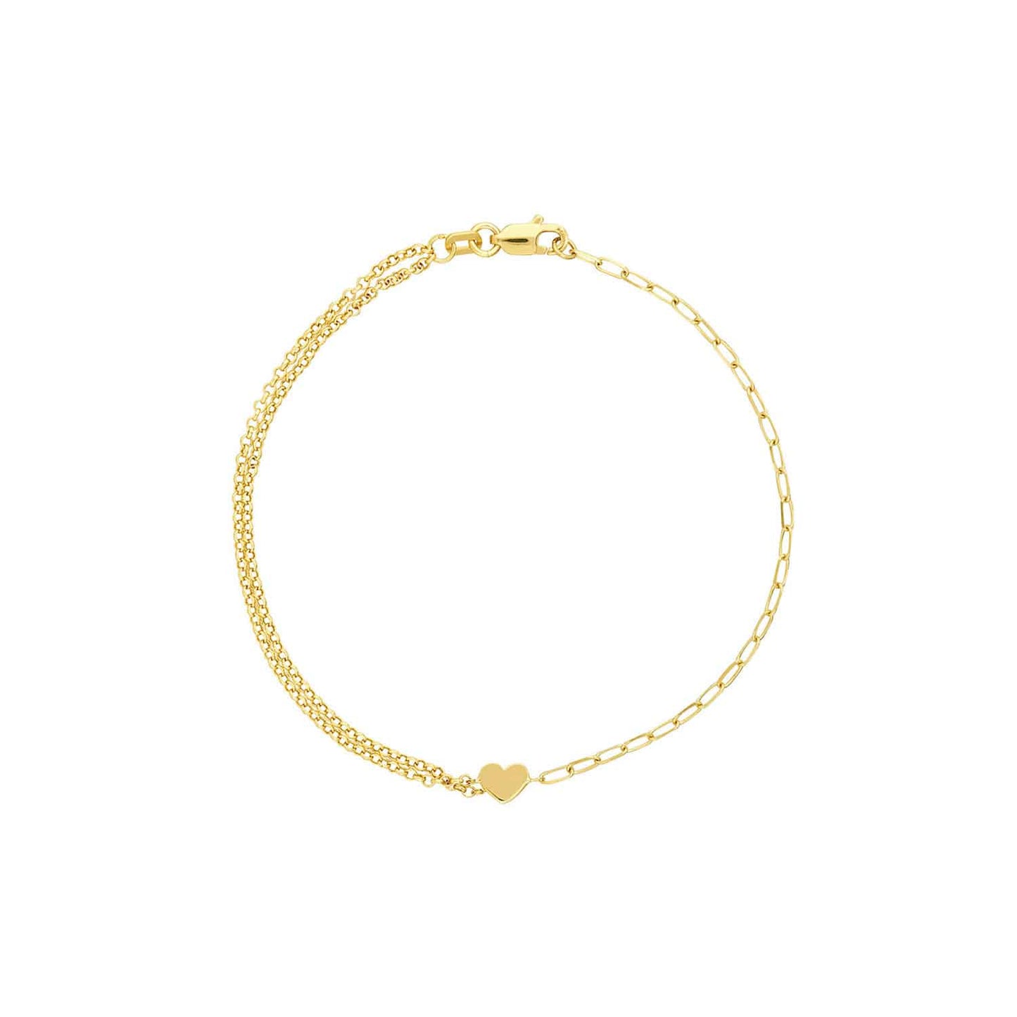 14K Gold Yellow Paperclip Double Rolo Heart Bracelet 7.5"