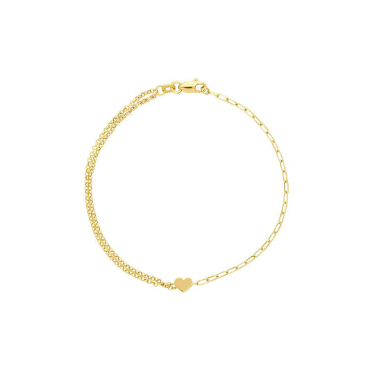 14K Yellow Gold Paperclip Double Rolo Heart Bracelet (Hollow) 7.5"