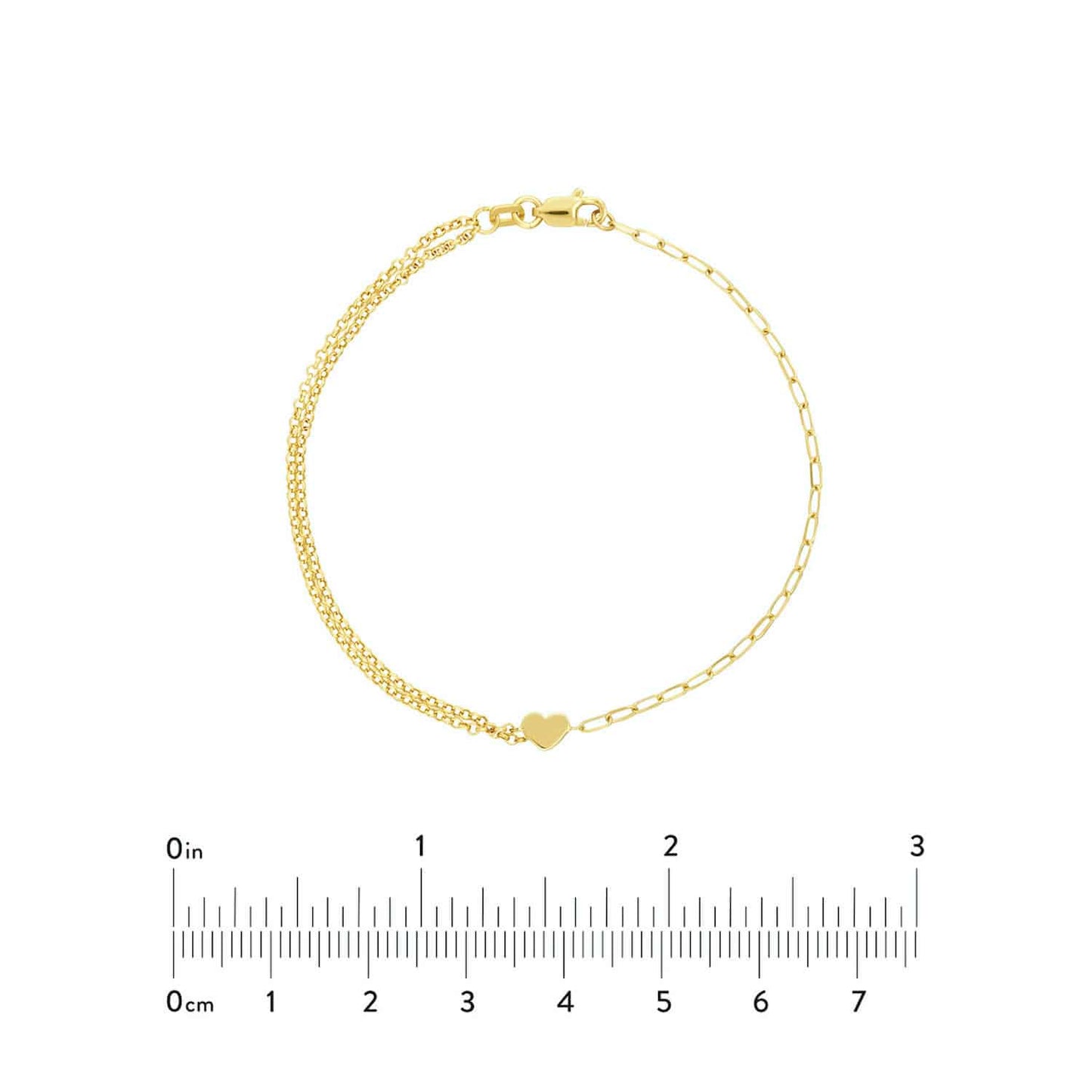 14K Gold Yellow Paperclip Double Rolo Heart Bracelet 7.5"