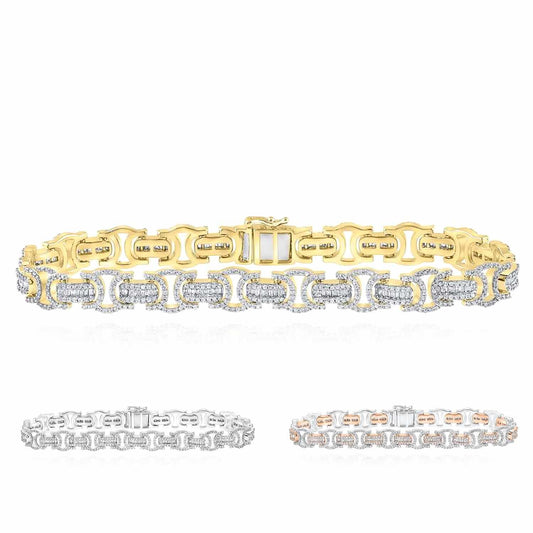 3.75CTW Natural Diamond 10K Yellow White Rose Gold Baguette 9mm Bracelet (Solid Links) 8.5"