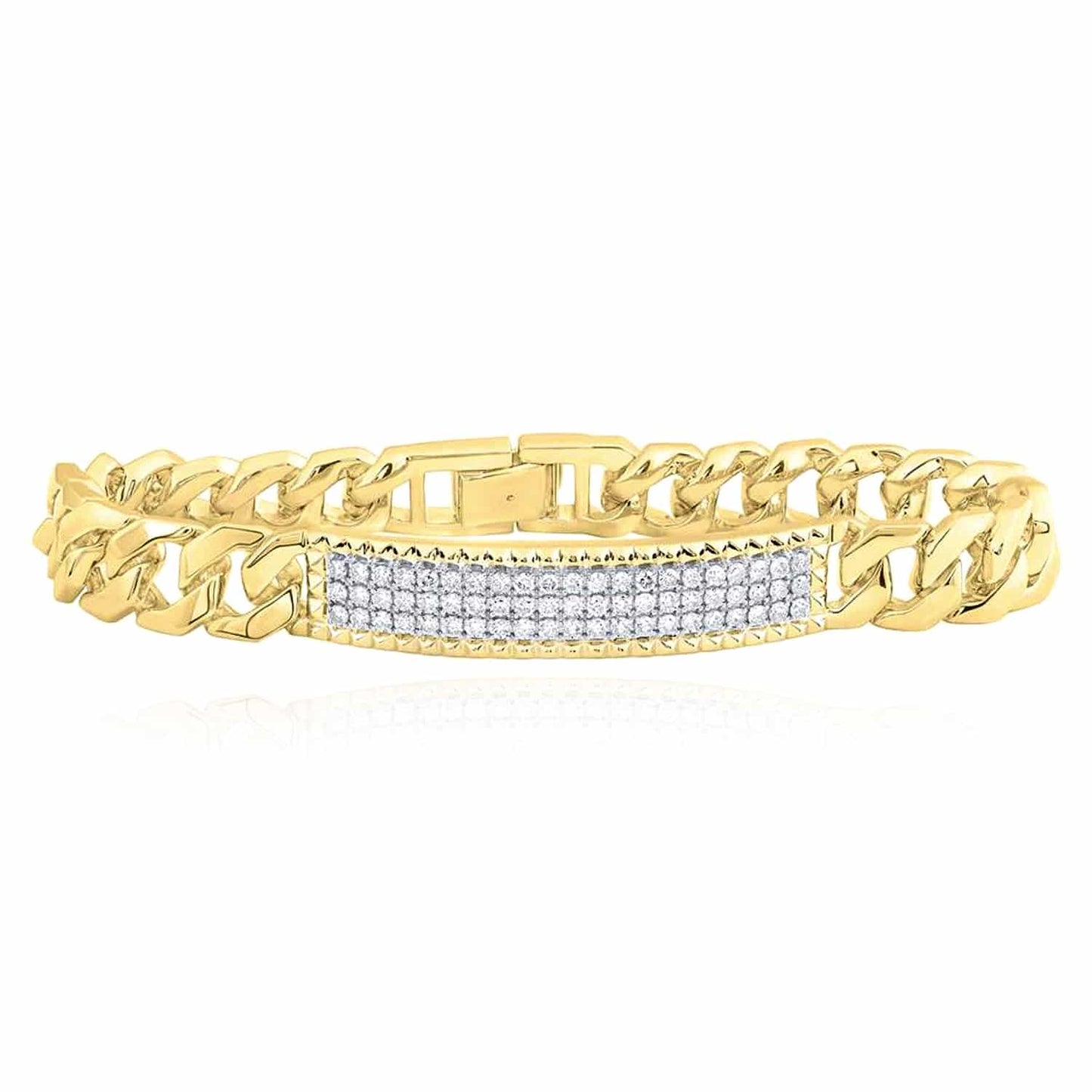 1.60CTW Real Diamond 10K Gold Yellow White ID Bar 10.5mm Cuban Bracelet 8.5"