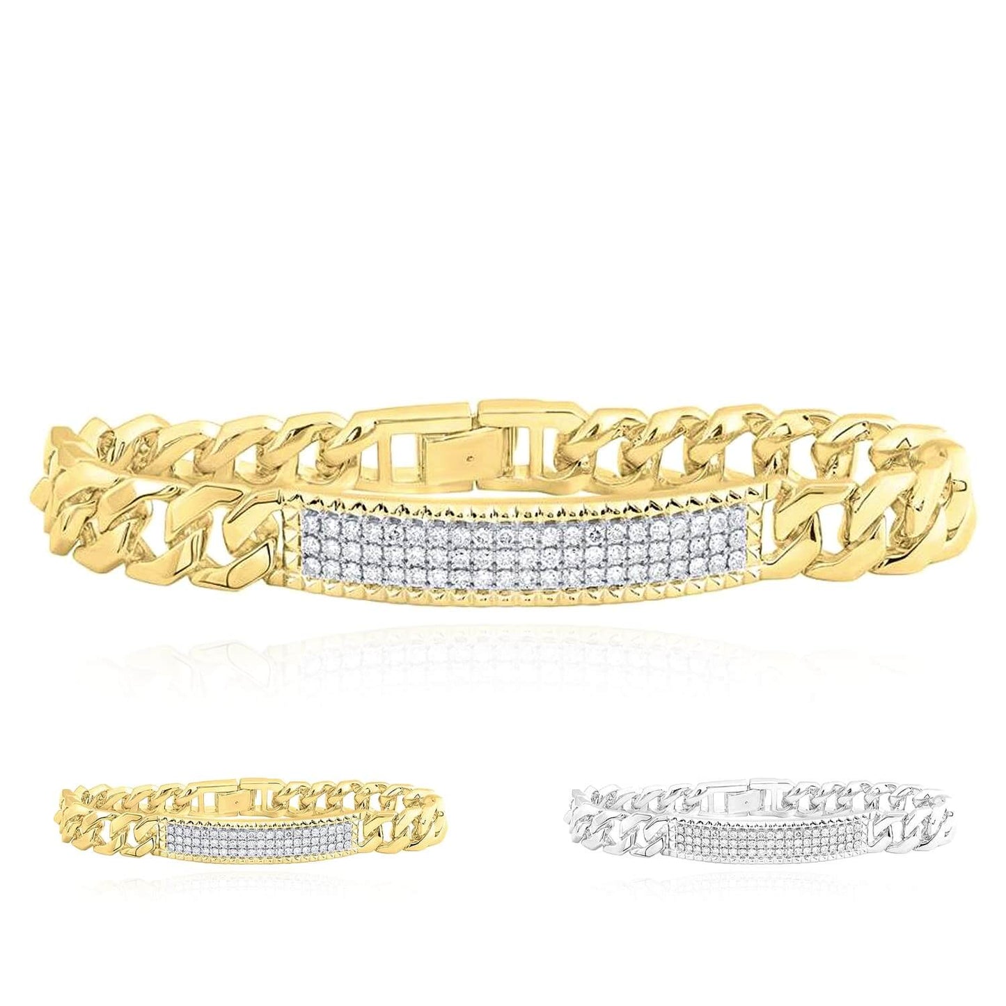 1.60CTW Real Diamond 10K Gold Yellow White ID Bar 10.5mm Cuban Bracelet 8.5"