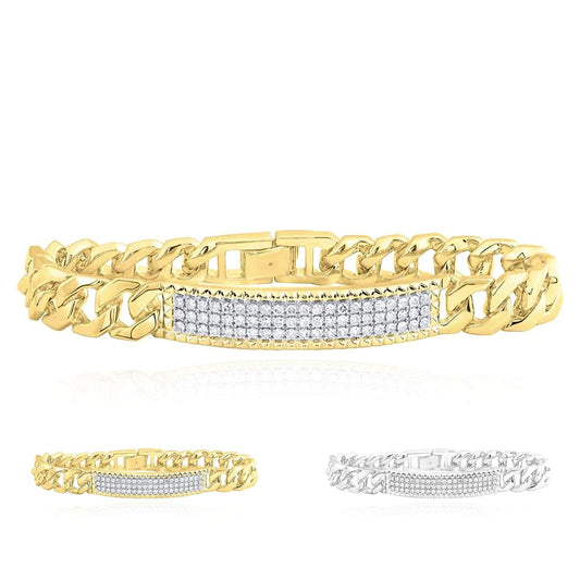 1.60CTW Natural Diamond 10K Yellow White Gold ID Bar 10.5mm Cuban Bracelet (Solid Links) 8.5"