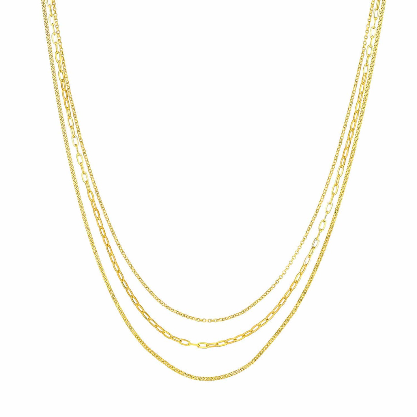 14K Gold Rolo Paper Clip Curb Chain Triple Layered Necklace 16"-18"