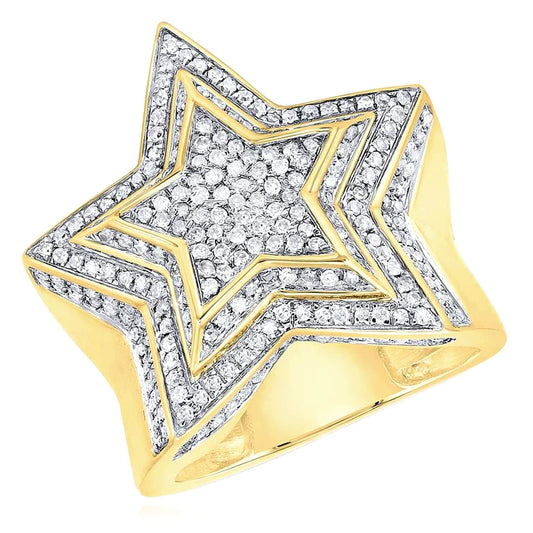 0.90CTW Natural Diamond 10K Yellow Gold 24mm 3D Star Signet Ring