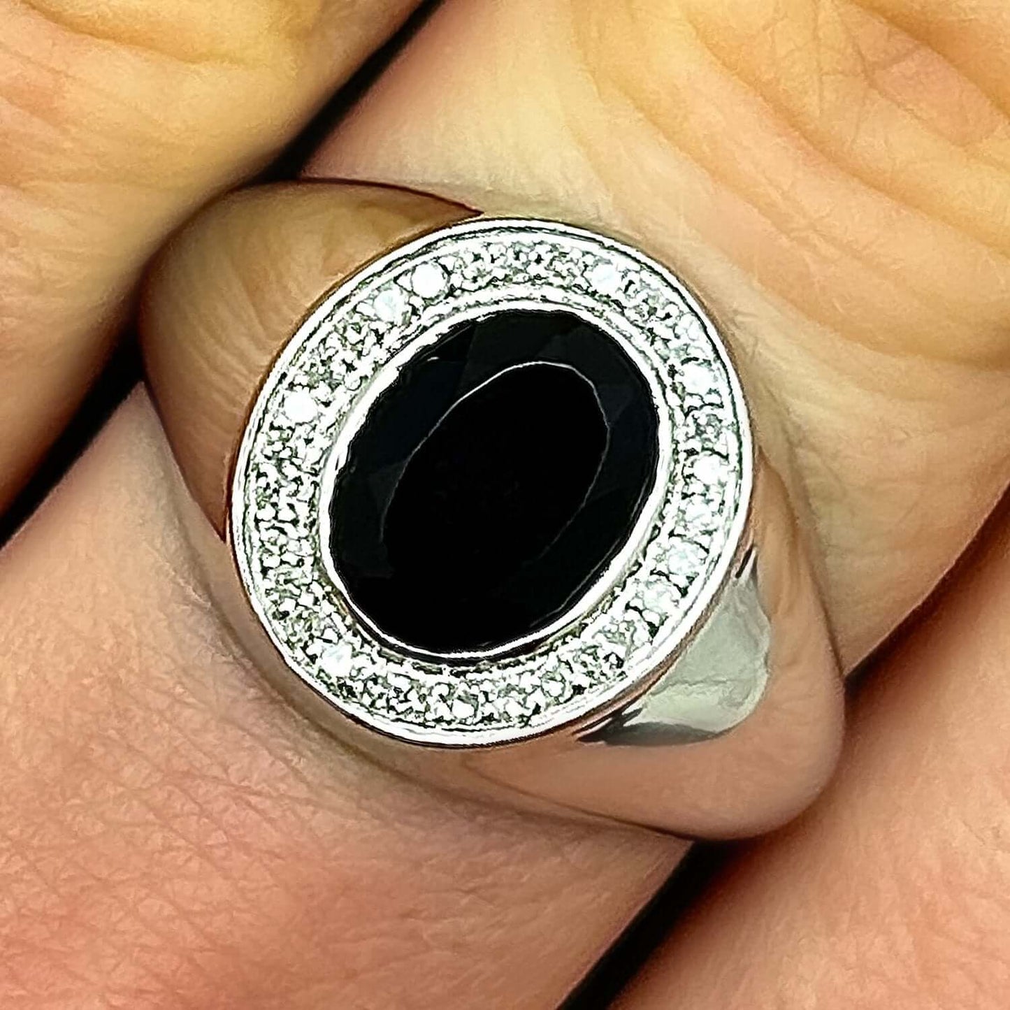 0.15CTW Natural Diamond 10K White Gold Oval Black Onyx Signet Ring