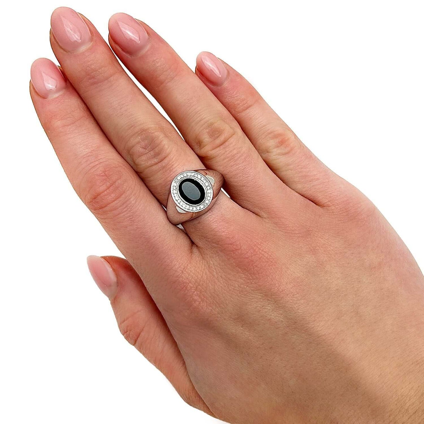 0.15CTW Natural Diamond 10K White Gold Oval Black Onyx Signet Ring