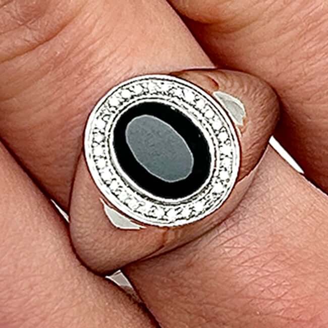 0.15CTW Natural Diamond 10K White Gold Oval Black Onyx Signet Ring