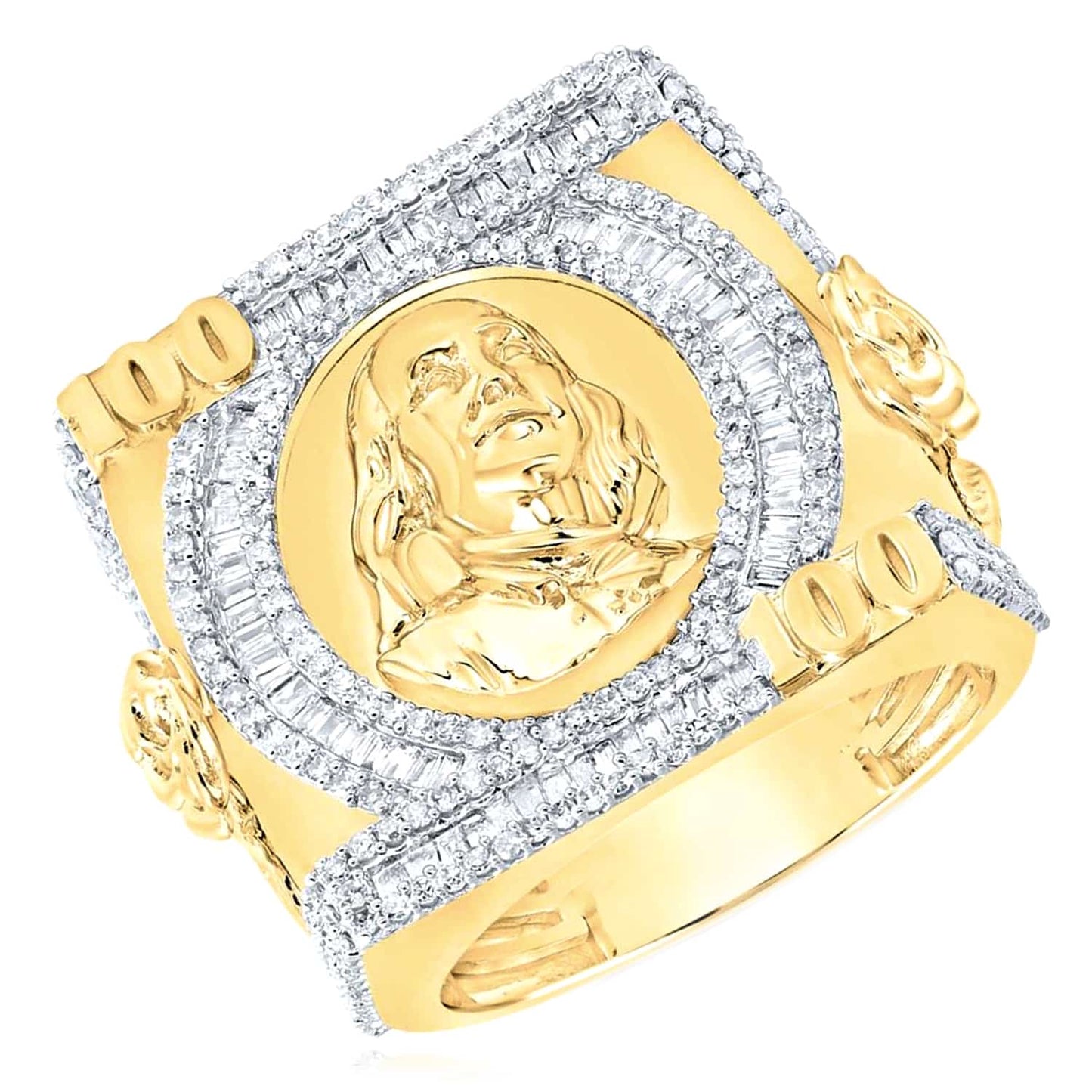 1.56CTW Real Diamond 10K Yellow Gold Benjamin Franklin 100 Dollar Bill Ring