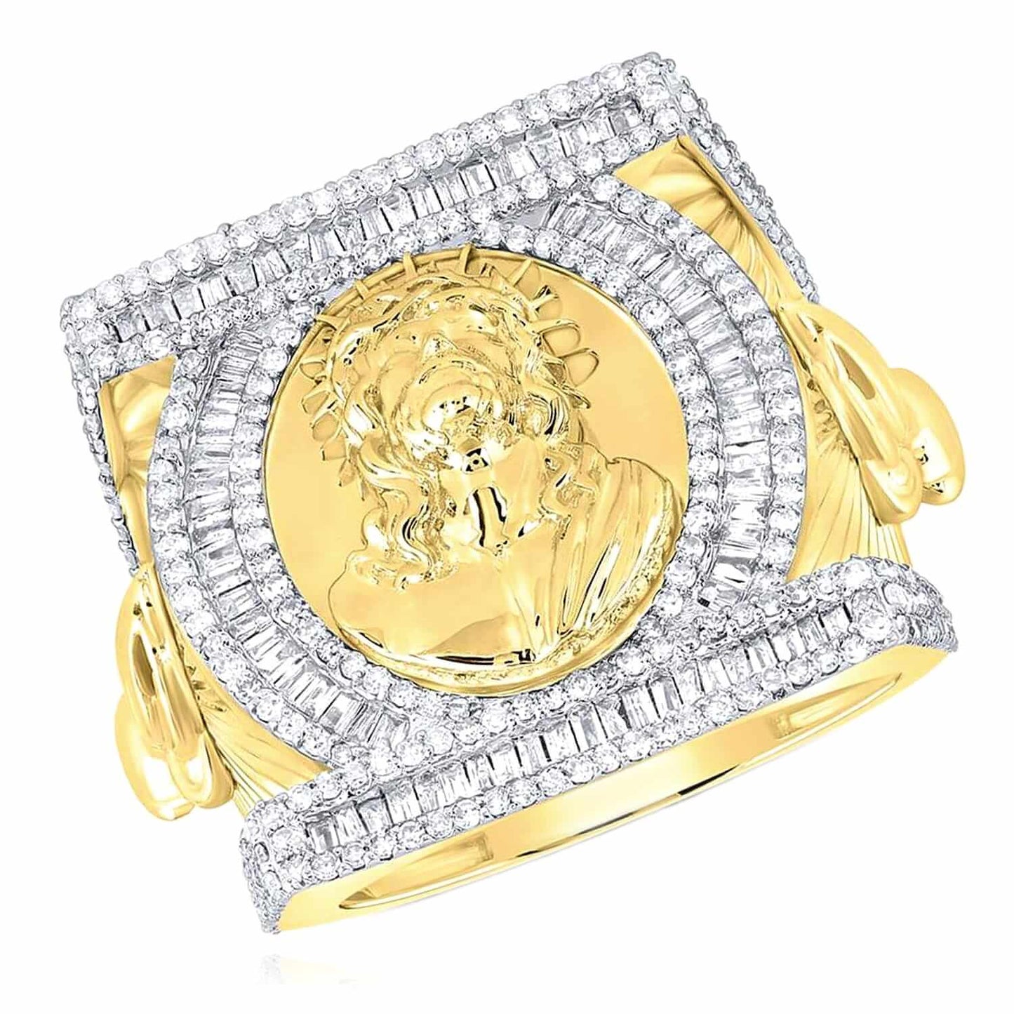 1.75CTW Natural Diamond 10K Yellow Gold Baguette Square Jesus Head Signet Ring