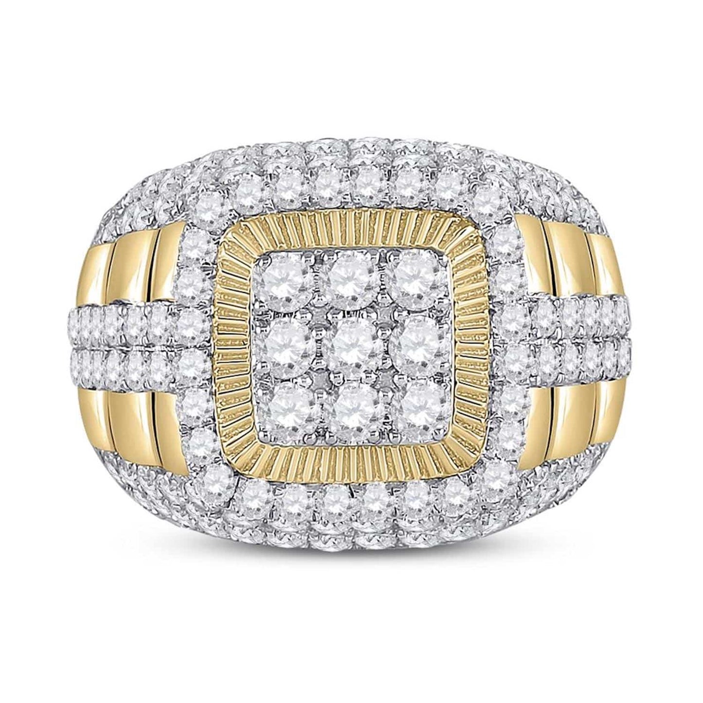 5CTW Real Diamond 14K Yellow Gold Ribbed Bold Square Cluster Signet Ring