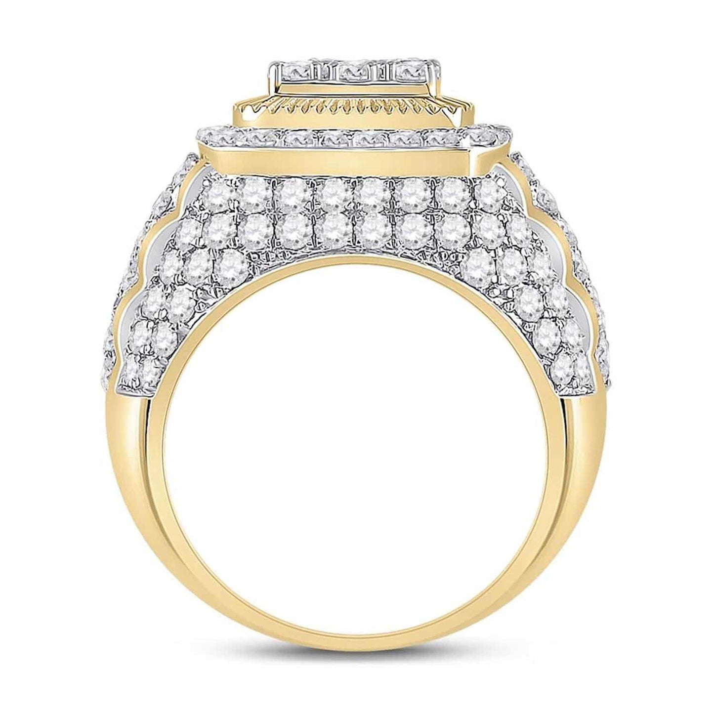 5CTW Real Diamond 14K Yellow Gold Ribbed Bold Square Cluster Signet Ring