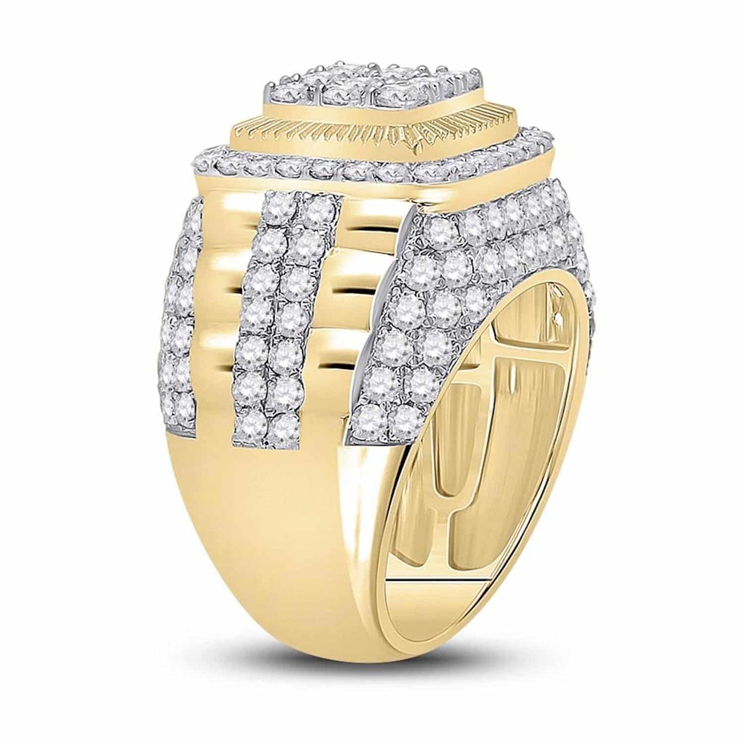 5CTW Real Diamond 14K Yellow Gold Ribbed Bold Square Cluster Signet Ring