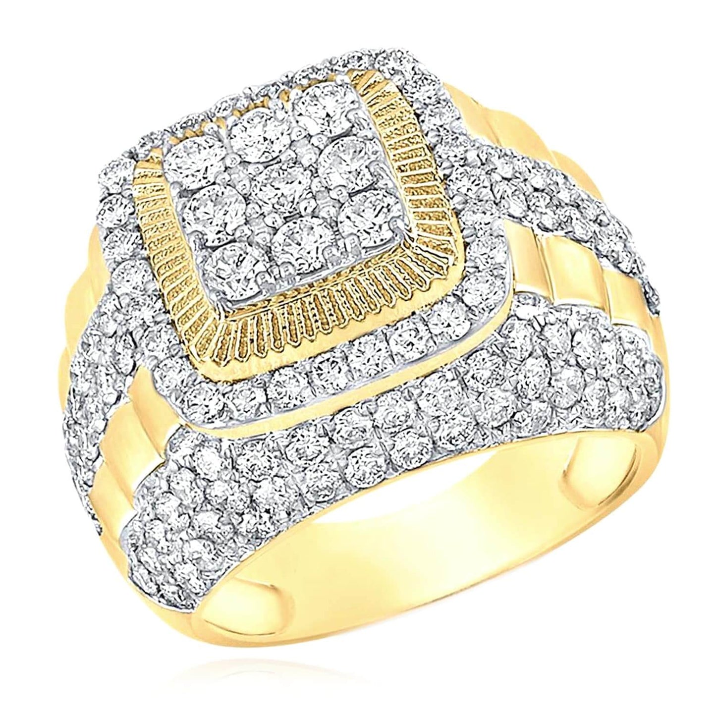 5CTW Real Diamond 14K Yellow Gold Ribbed Bold Square Cluster Signet Ring