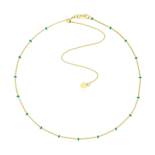 14K Yellow Gold Turquoise Saturn Station Chain Choker Necklace (Solid Links) 16"-17" Adjustable
