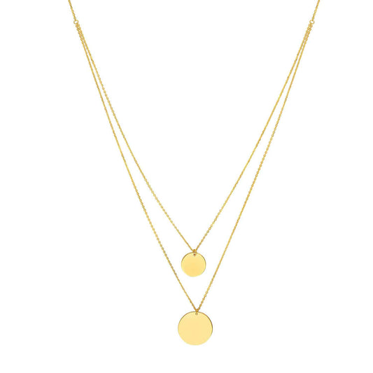 Engravable 14K Yellow Gold Round Personalized Double Necklace (Solid Links) 16"-18"