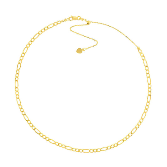 14K Yellow Gold 2.5mm Figaro Chain Choker Necklace (Hollow) 15"-16" Adjustable