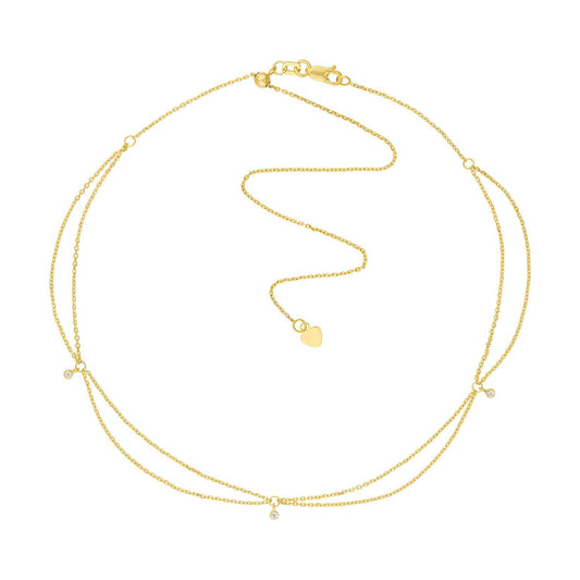 Natural Diamond 14K Yellow Gold Drape Chain Choker Necklace (Hollow) 15"-17" Adjustable
