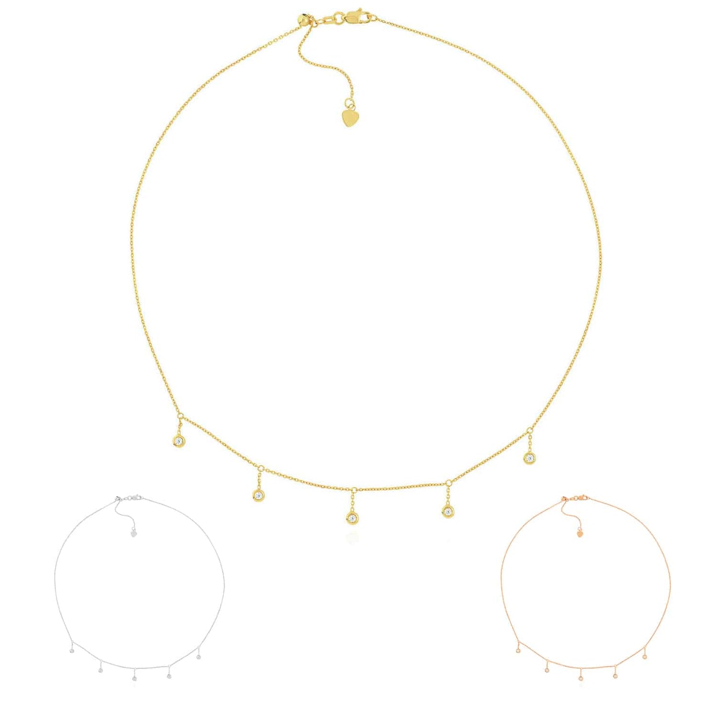 Natural Diamond 14K Gold Bezel Drops Choker Necklace 15"-17" Adjustable