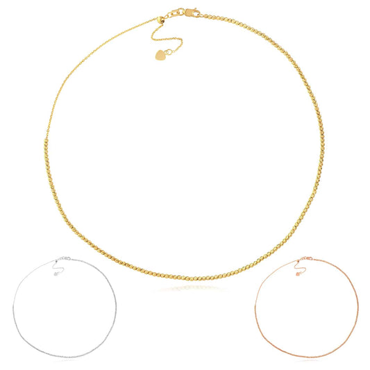 14K Yellow Gold 2mm Diamond-Cut Bead Choker Necklace (Solid Links) 14"-16" Adjustable