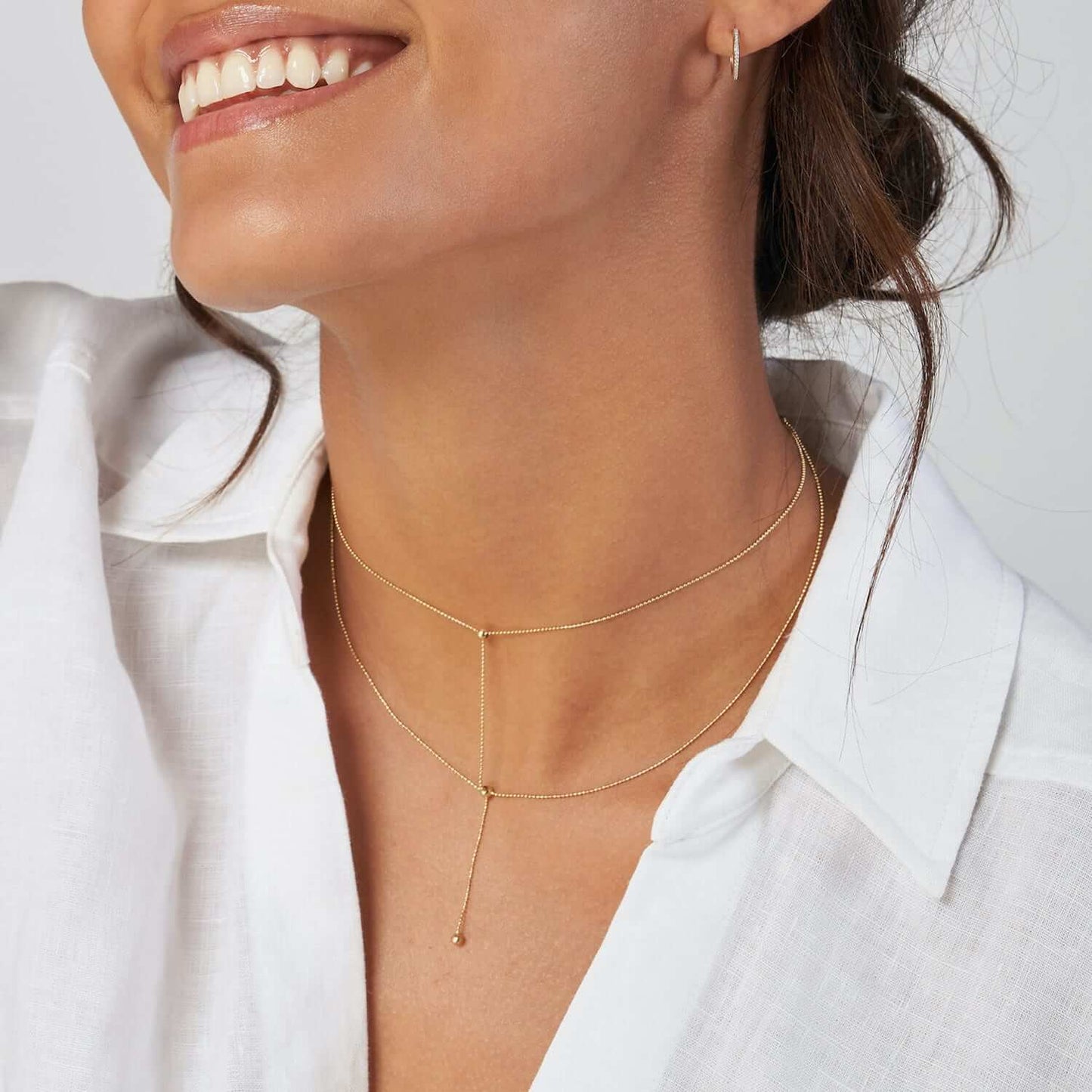 14K Gold Two-Stranded Connecting Bead Dangle Necklace 14"-17" Adjustable