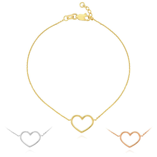 14K Yellow White Rose Gold 0.8mm Cable Open Heart Charm Bracelet (Solid Links) 7.5"